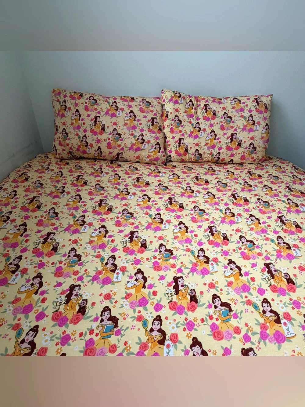 LS Disney princess belle Bamboo Custom Queen Bed fitted Sheet with 2 pillowcases
